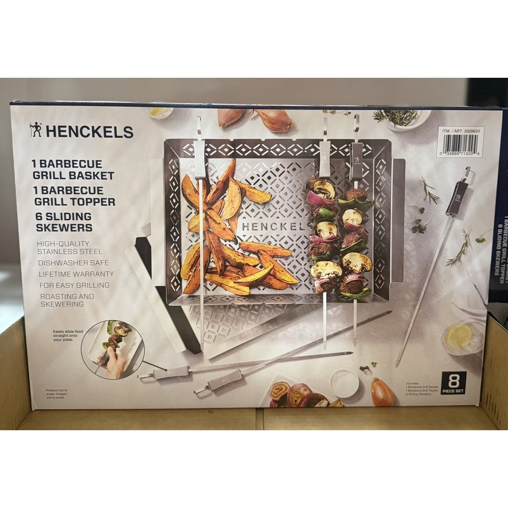 Henckels 8-piece BBQ  Grill Trays & Skewer Set Topper basket NEW Grilling meat